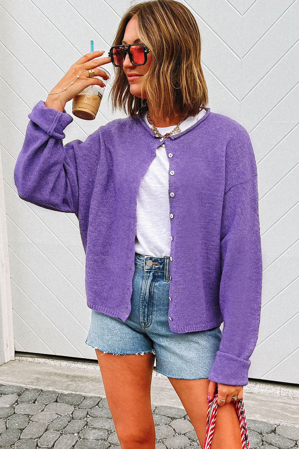 Wisteria Solid Color Knit Button Drop Shoulder Sweater Cardigan-Sweaters & Cardigans/Cardigans-[Adult]-[Female]-2022 Online Blue Zone Planet