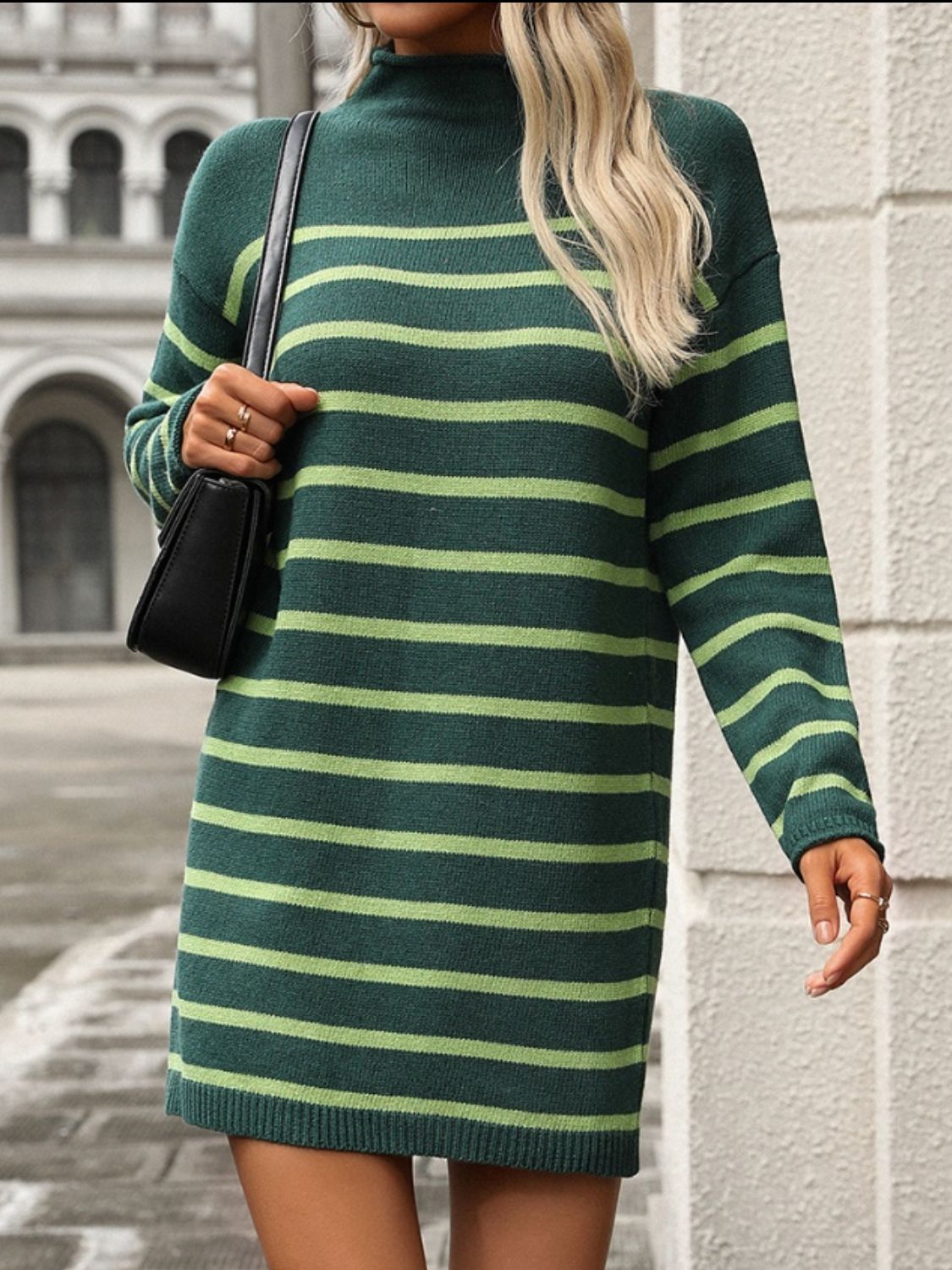 Blue Zone Planet | Striped Mock Neck Long Sleeve Mini Dress-TOPS / DRESSES-[Adult]-[Female]-Dark Green-S-2022 Online Blue Zone Planet