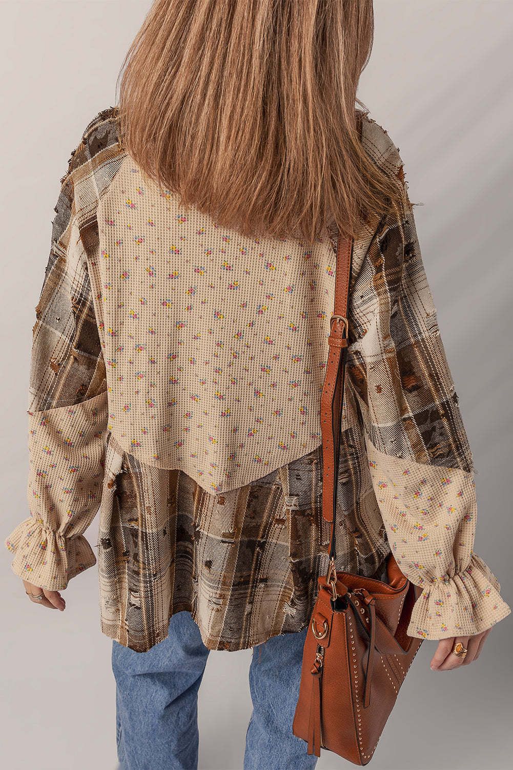 Oatmeal Boho Floral Plaid Patchwork Distressed Detail Ruffled Sleeve Waffle Knit Shacket-Outerwear/Jackets-[Adult]-[Female]-2022 Online Blue Zone Planet