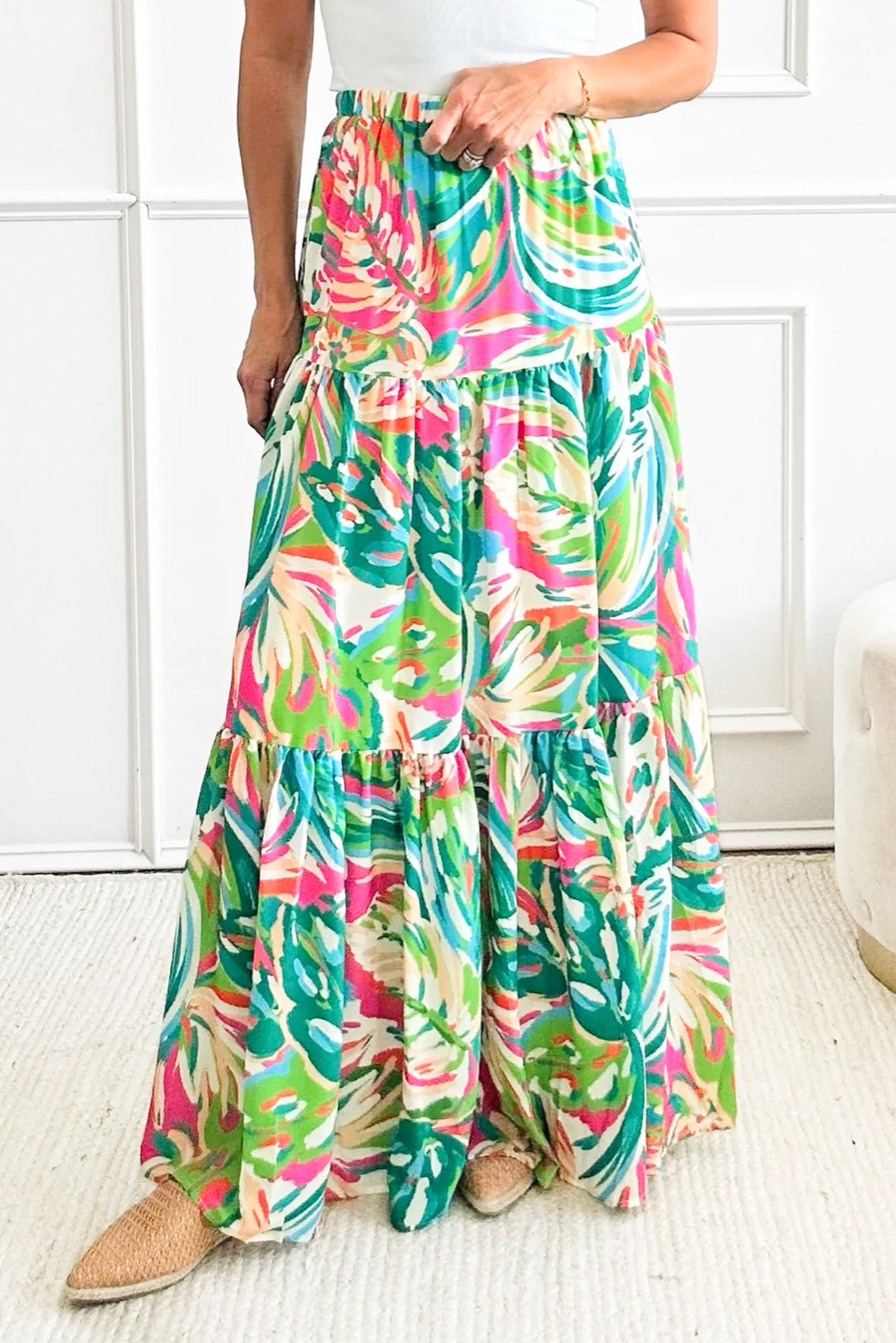 Green Abstract Printed High Waist Tiered Maxi Skirt-Bottoms/Skirts & Petticoat-[Adult]-[Female]-2022 Online Blue Zone Planet