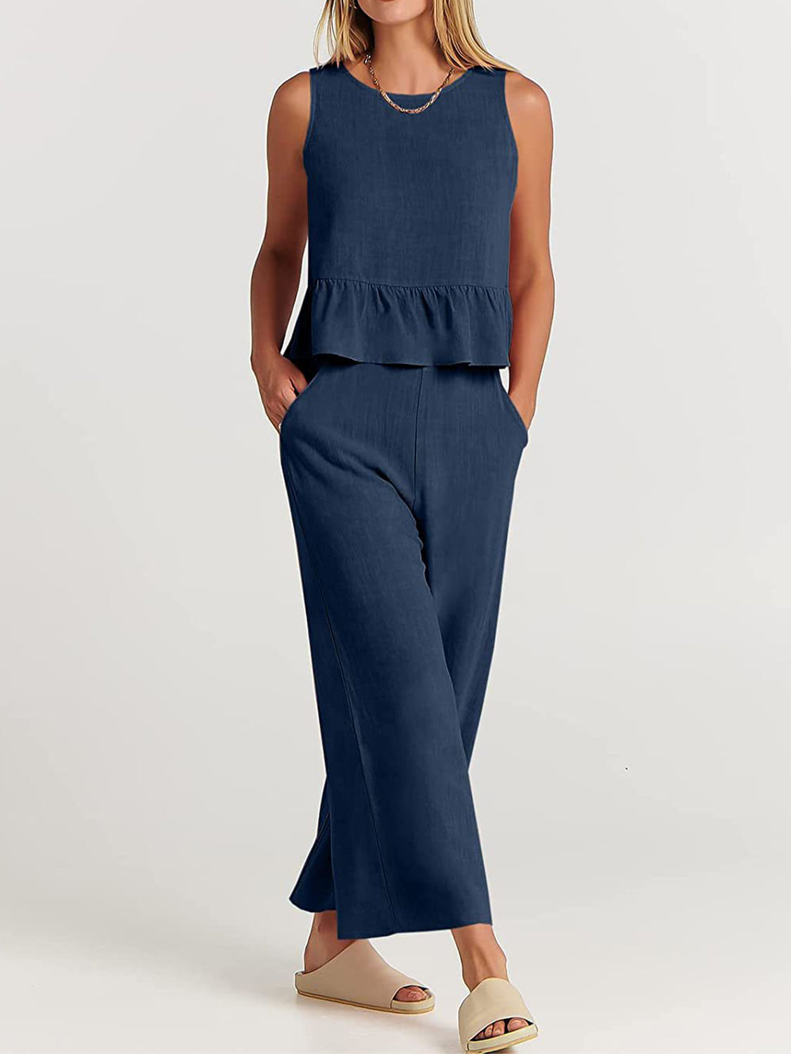 Blue Zone Planet | Full Size Round Neck Top and Wide Leg Pants Set-TOPS / DRESSES-[Adult]-[Female]-2022 Online Blue Zone Planet