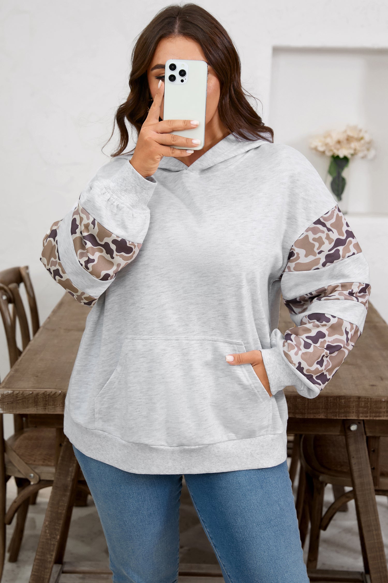 Light Grey Camouflage Patchwork Asymmetric Sleeve Plus Size Hoodie-Tops / Dresses-[Adult]-[Female]-2022 Online Blue Zone Planet