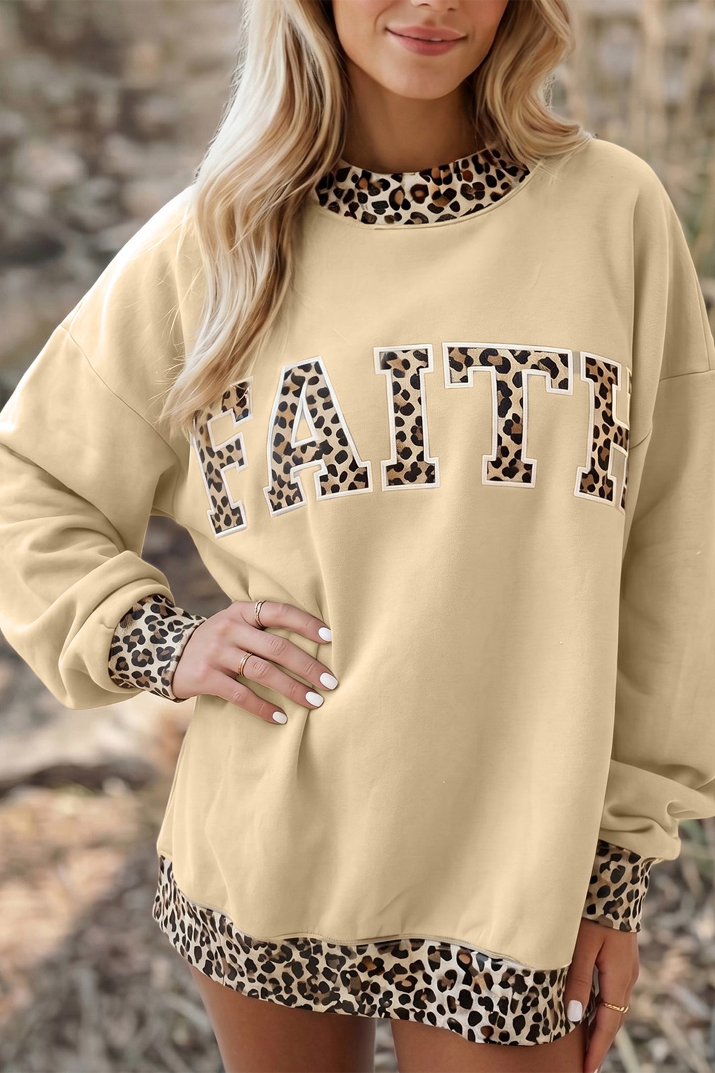 Coffee Polka Dot Trim High Neck BLESSED Letter Graphic Baggy Sweatshirt