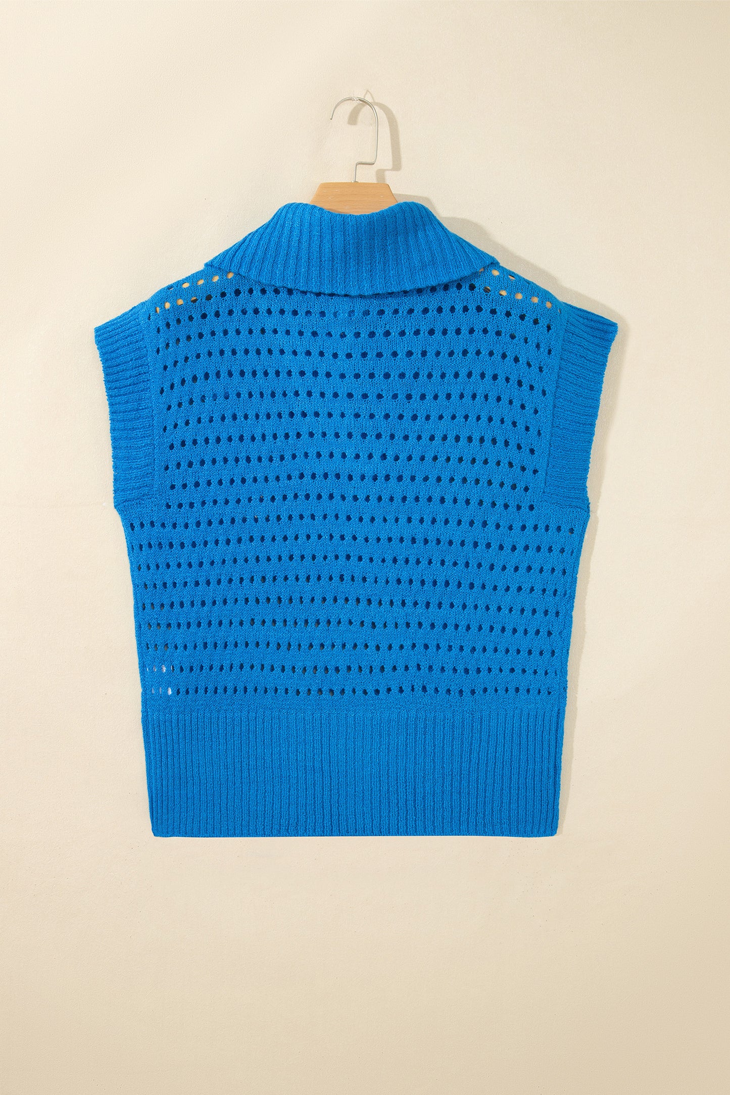 Sky Blue Solid Color Hollowed Knit Short Sleeve Zipper Collar Knitwear Top-Sweaters & Cardigans/Short Sleeve Sweaters-[Adult]-[Female]-2022 Online Blue Zone Planet