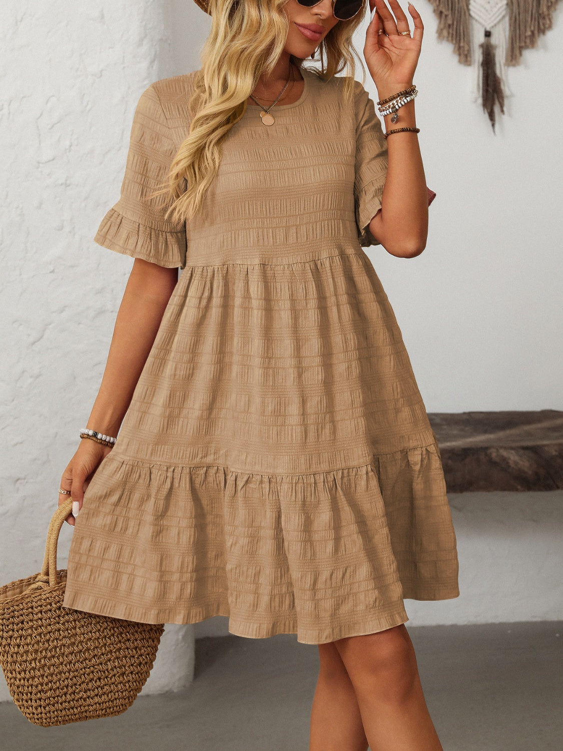 Mandy Ruffled Ruched Round Neck Half Sleeve Dress-TOPS / DRESSES-[Adult]-[Female]-Tan-S-2022 Online Blue Zone Planet