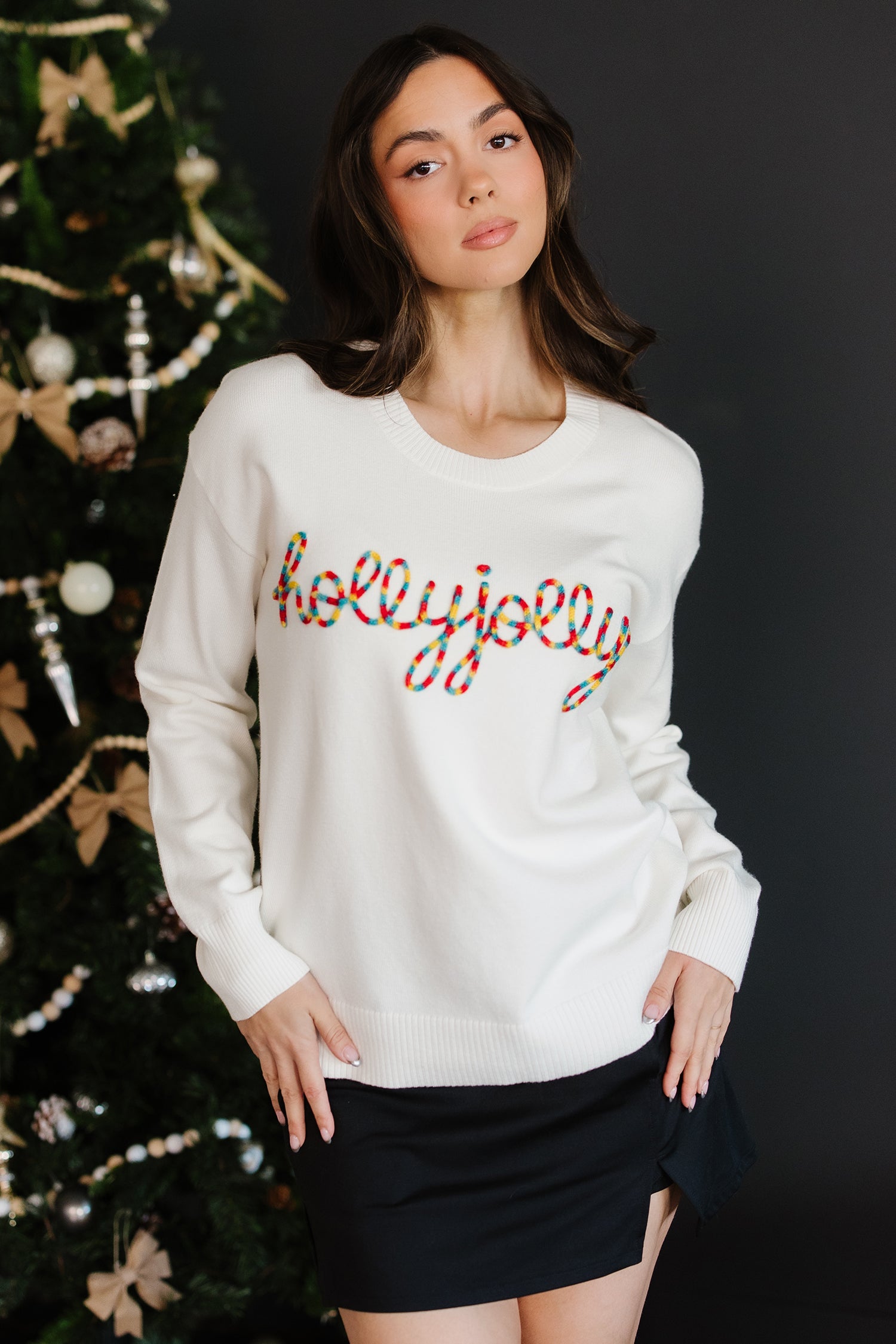 Beige Colorful Holly Jolly Christmas Knit Loose Sweater-TOPS / DRESSES-[Adult]-[Female]-2022 Online Blue Zone Planet