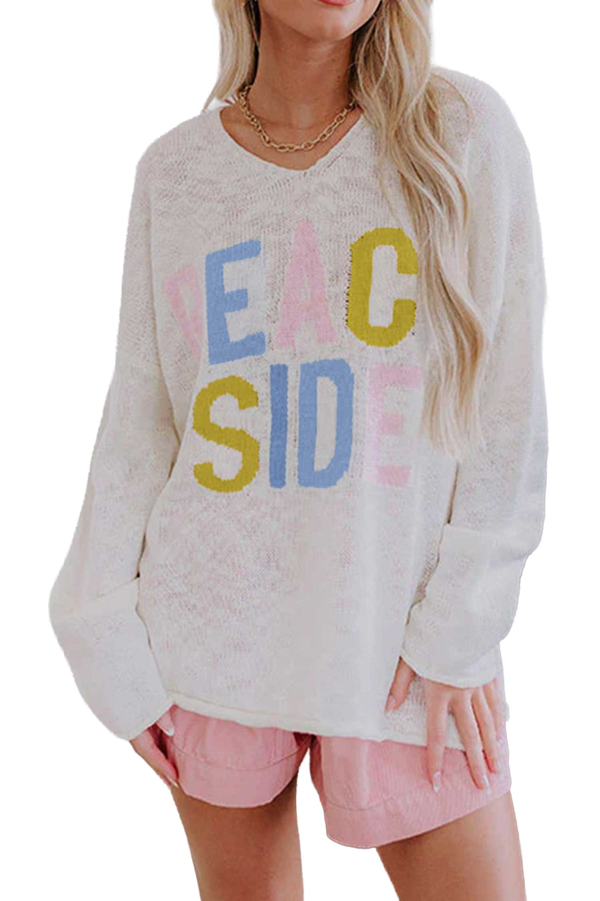 White V Neck Lightweight Knit BEACH SIDE Shift Tunic Sweater-Sweaters & Cardigans/Sweaters-[Adult]-[Female]-2022 Online Blue Zone Planet
