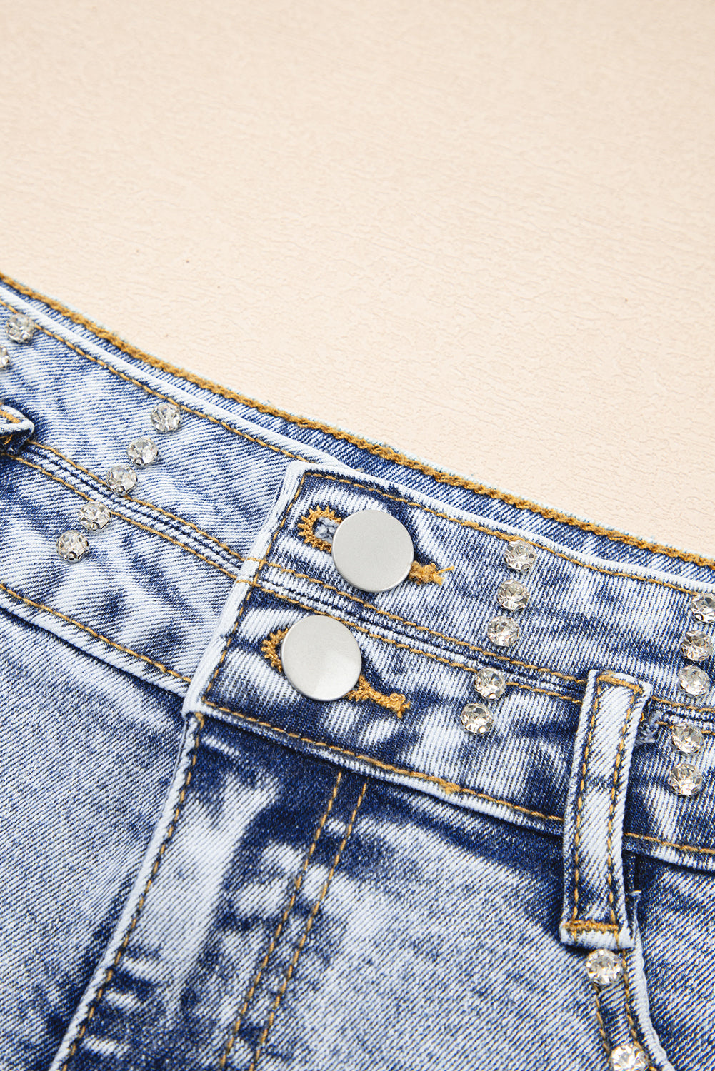 Beau Blue Rhinestone Light Wash Raw Hem High Waist Denim Shorts-Bottoms/Denim Shorts-[Adult]-[Female]-2022 Online Blue Zone Planet