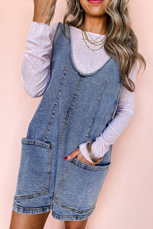 Dusk Blue Sleeveless U Neck Patched Pocket Denim Romper-Bottoms/Jumpsuits & Rompers-[Adult]-[Female]-Dusk Blue-S-2022 Online Blue Zone Planet