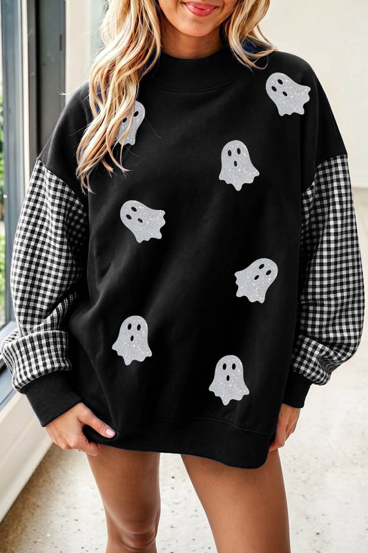 Black Plaid Sleeve Patchwork Ghost Print Tunic Halloween Sweatshirt-Graphic/Graphic Sweatshirts-[Adult]-[Female]-Black-S-2022 Online Blue Zone Planet