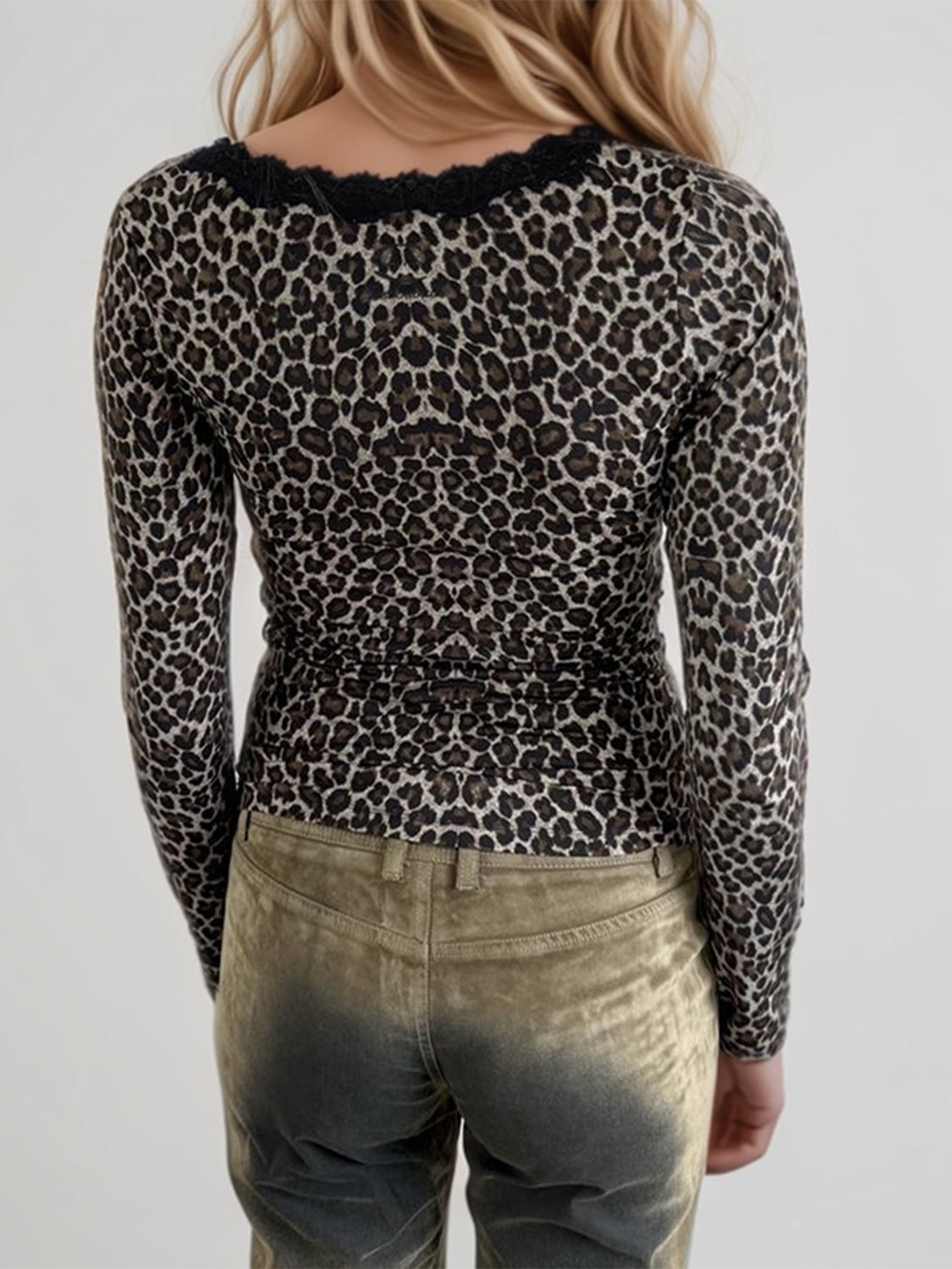 Devine Lace Detail Leopard V-Neck Long Sleeve T-Shirt-TOPS / DRESSES-[Adult]-[Female]-2022 Online Blue Zone Planet