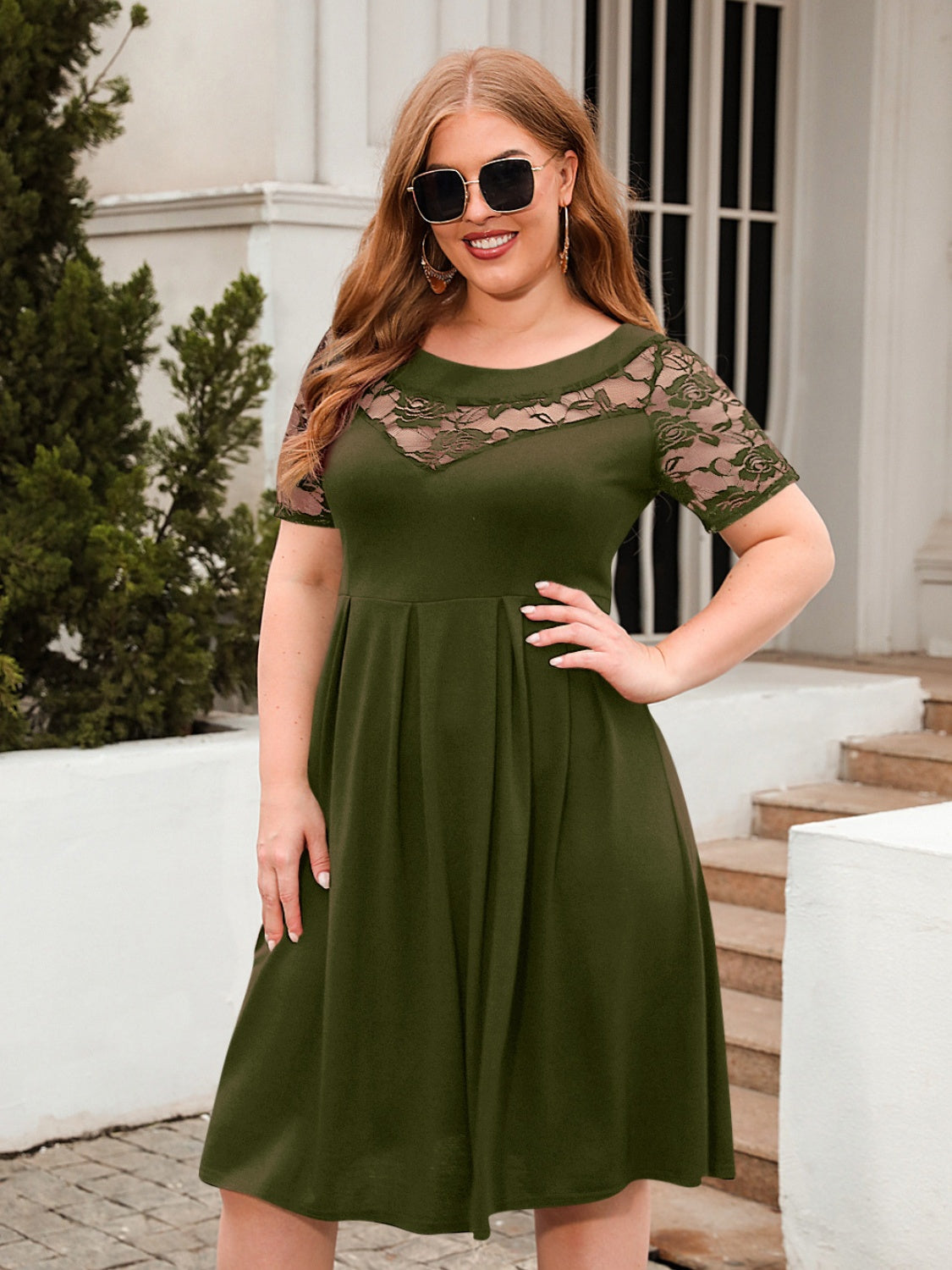 Plus Size Ruched Round Neck Short Sleeve Dress-TOPS / DRESSES-[Adult]-[Female]-Army Green-1XL-2022 Online Blue Zone Planet