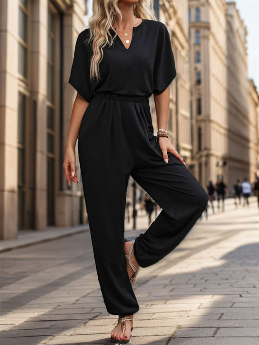 Notched Half Sleeve Straight Jumpsuit-TOPS / DRESSES-[Adult]-[Female]-Black-S-2022 Online Blue Zone Planet