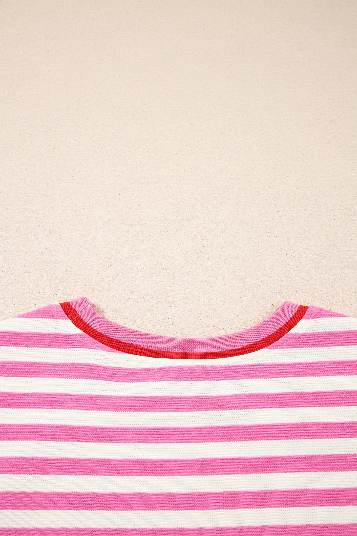 Pink Stripe Contrast Trim Short Sleeve Top Loose Shorts 2pcs Casual Outfit-Two Piece Sets/Short Sets-[Adult]-[Female]-2022 Online Blue Zone Planet