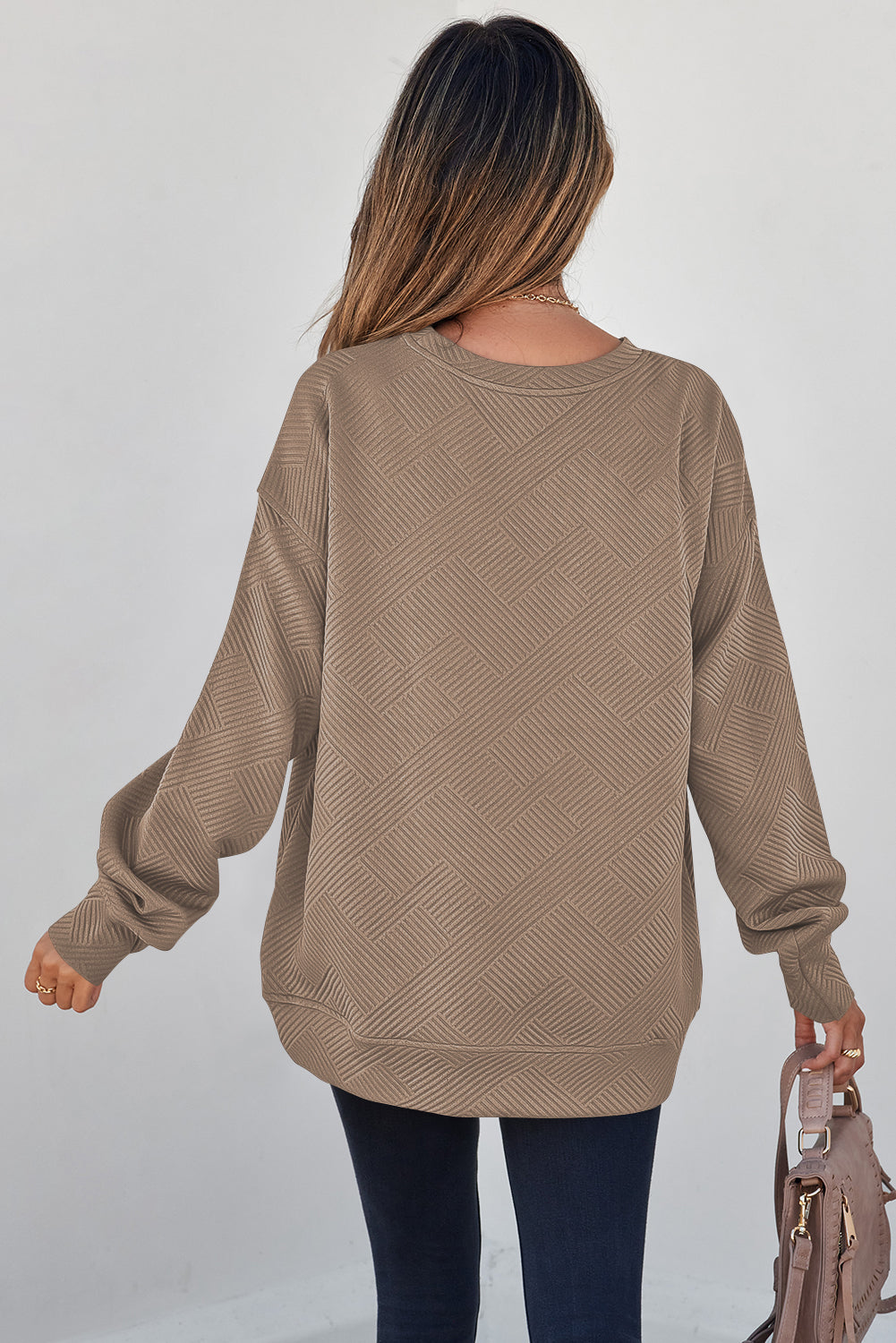 Parchment Solid Color Textured Round Neck Drop Shoulder Pullover Sweatshirt