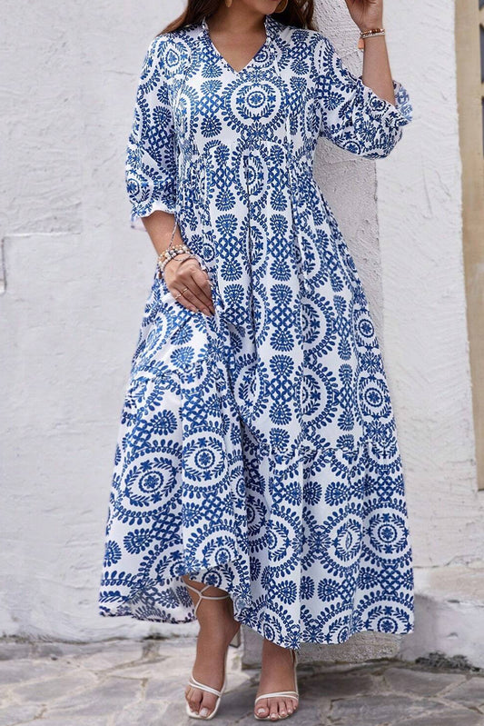 Sky Blue Geometric Print Lace-up Notch Neck Plus Size Maxi Dress-Plus Size/Plus Size Dresses/Plus Size Maxi Dresses-[Adult]-[Female]-Sky Blue-1X-2022 Online Blue Zone Planet