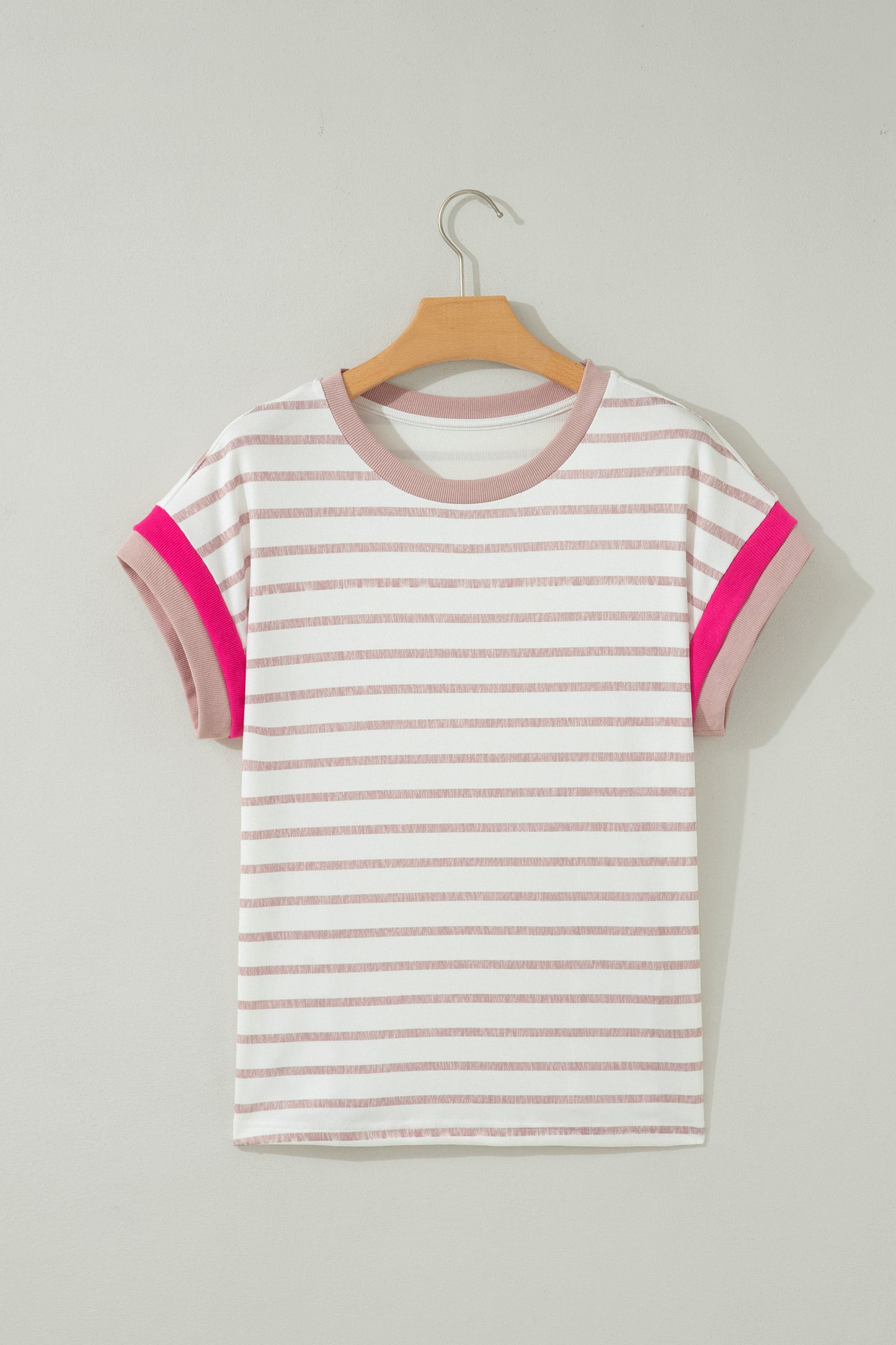 Khaki Stripe Color Block Trim Round Neck Short Sleeve Top-Tops/Tops & Tees-[Adult]-[Female]-2022 Online Blue Zone Planet