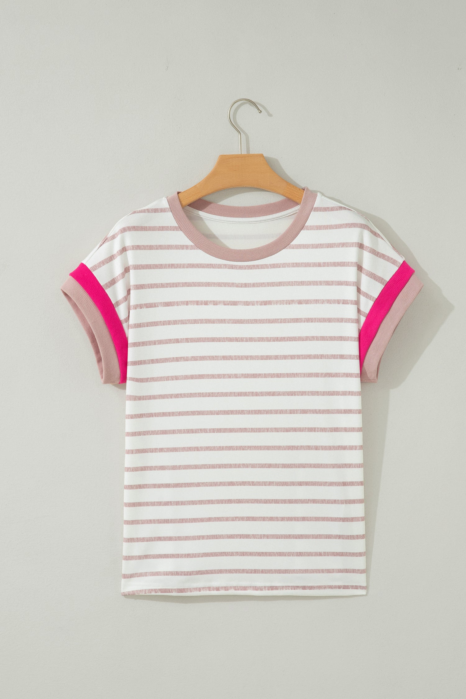 Khaki Stripe Color Block Trim Round Neck Short Sleeve Top-Tops/Tops & Tees-[Adult]-[Female]-2022 Online Blue Zone Planet