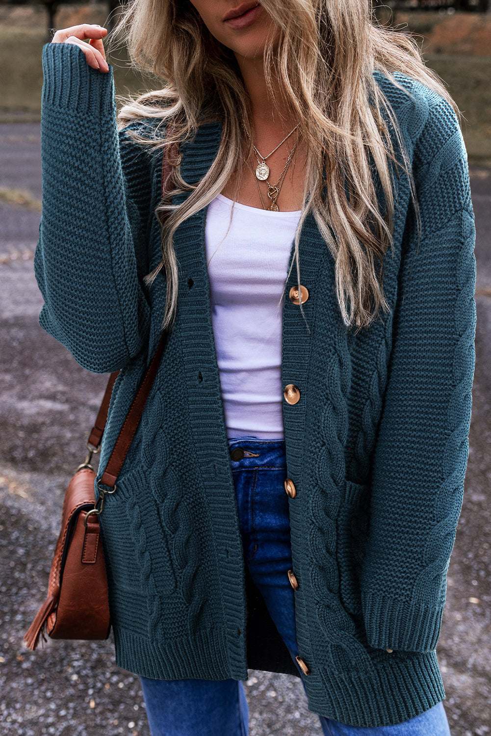 Peacock Blue Cable Knit Button Front Pocketed Baggy Cardigan-Sweaters & Cardigans/Cardigans-[Adult]-[Female]-Peacock Blue-S-2022 Online Blue Zone Planet