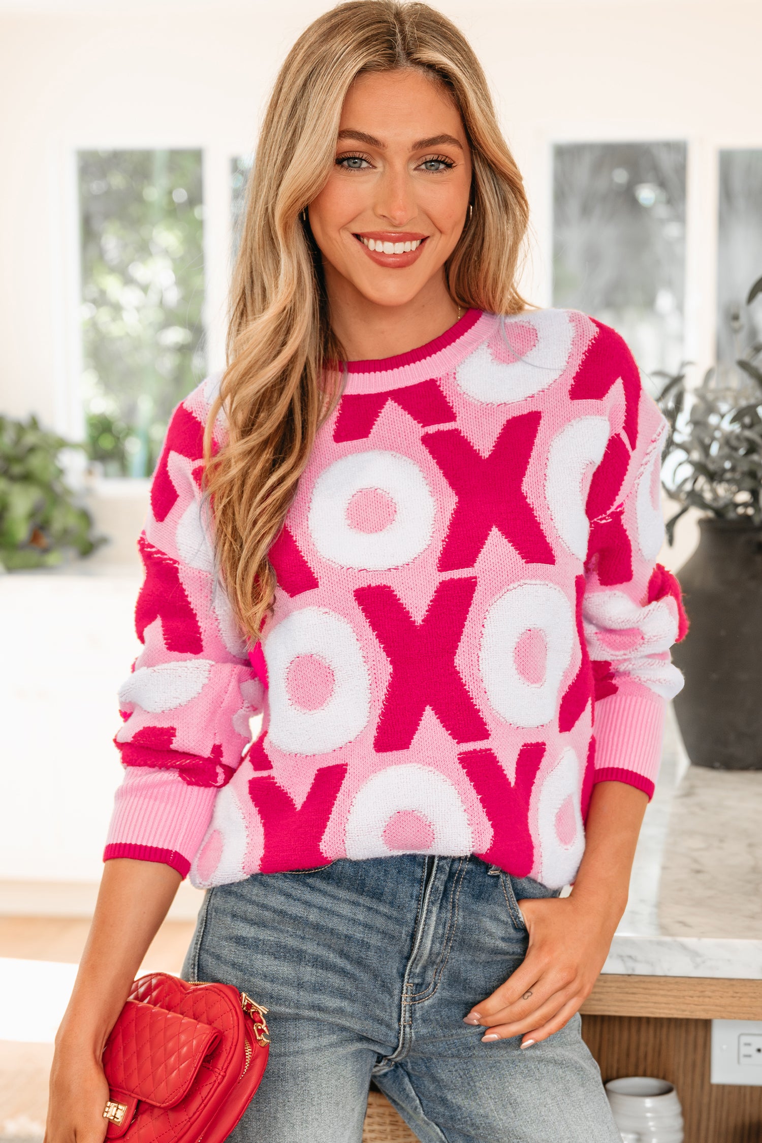 Pink XOXO Pattern Drop Shoulder Crewneck Valentines Sweater-Sweaters & Cardigans/Sweaters-[Adult]-[Female]-2022 Online Blue Zone Planet