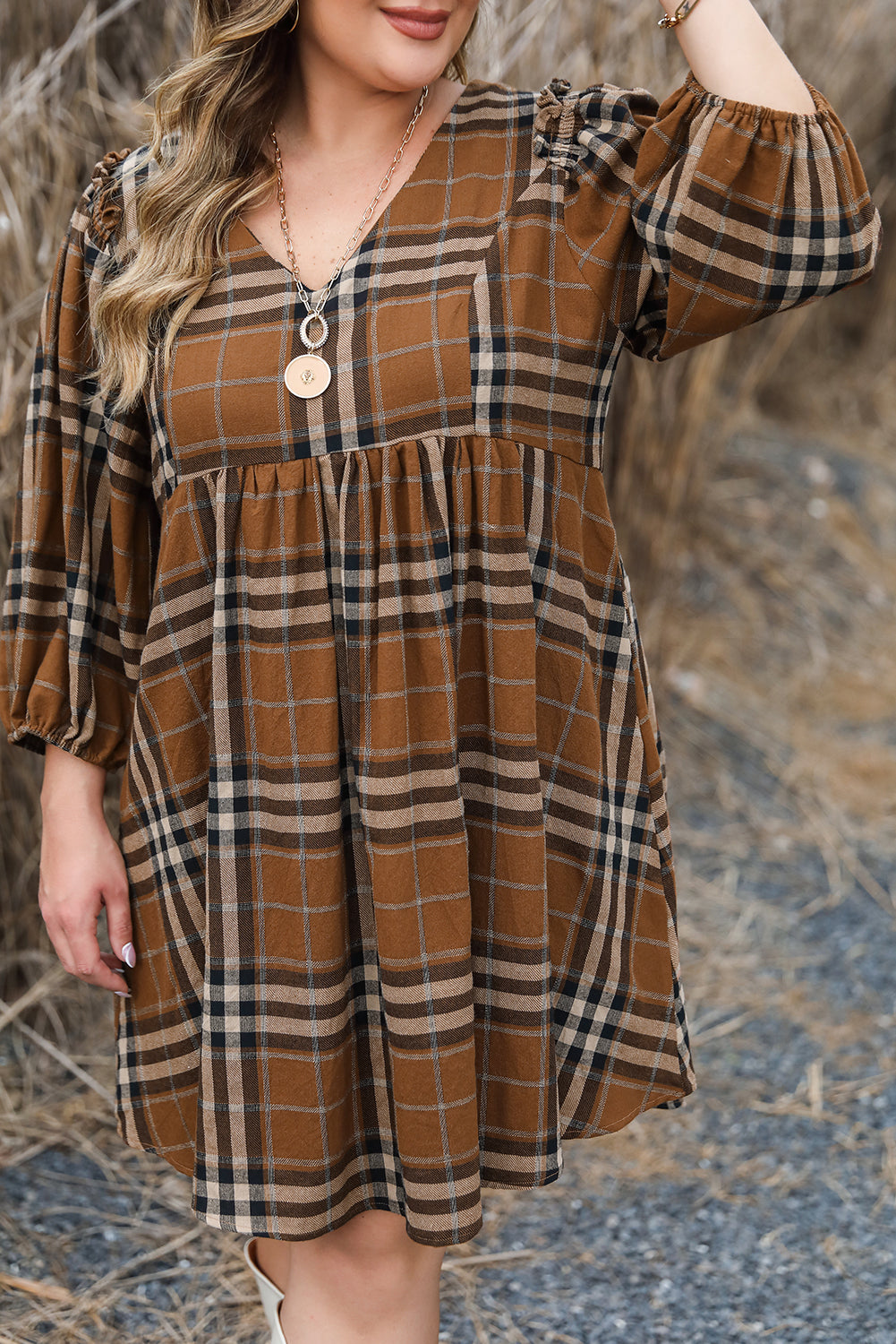 Blue Zone Planet | Brown Printed Plaid V Neck Plus Size Babydoll Dress-TOPS / DRESSES-[Adult]-[Female]-2022 Online Blue Zone Planet