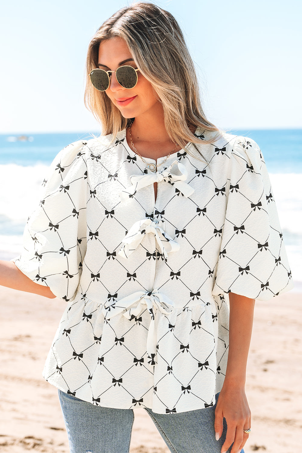 White Bowknot Print Front Knots Bubble Sleeve Blouse-Tops/Blouses & Shirts-[Adult]-[Female]-2022 Online Blue Zone Planet
