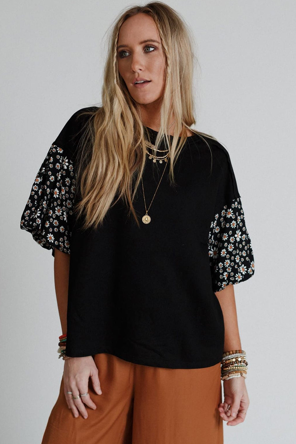 Black Contrast Floral Puff Sleeve Oversized Top-Tops/Tops & Tees-[Adult]-[Female]-2022 Online Blue Zone Planet