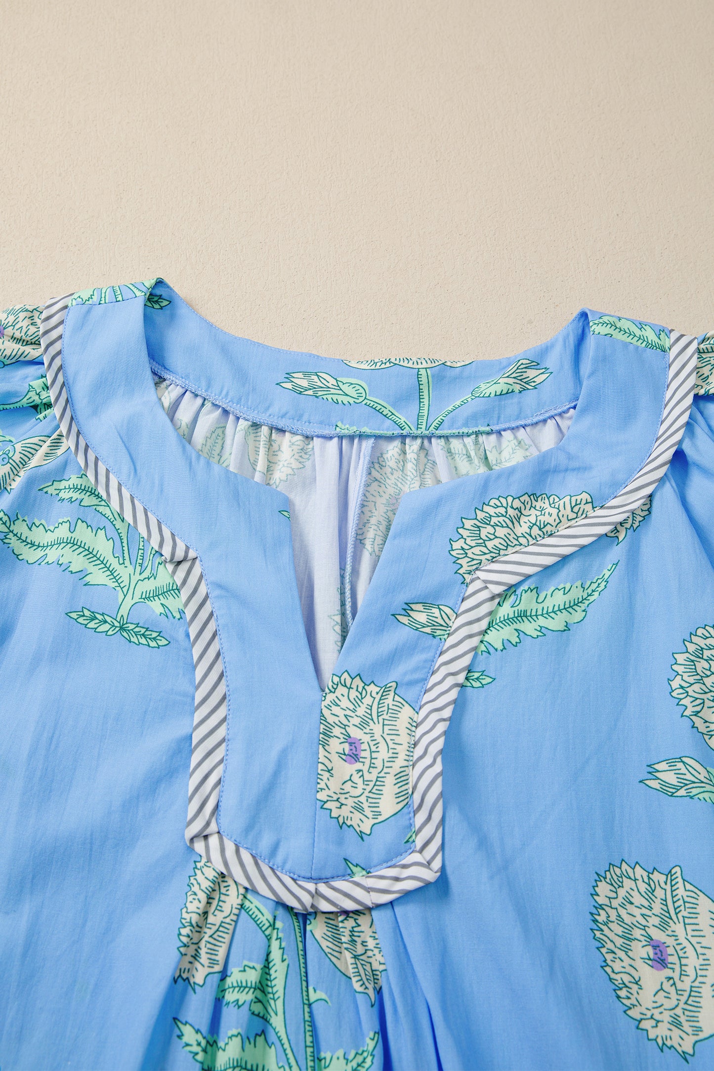 Sky Blue Plus Periwinkle Floral Printed Short Sleeve Striped Trim Split Neck Mini Dress-TOPS / DRESSES-[Adult]-[Female]-2022 Online Blue Zone Planet