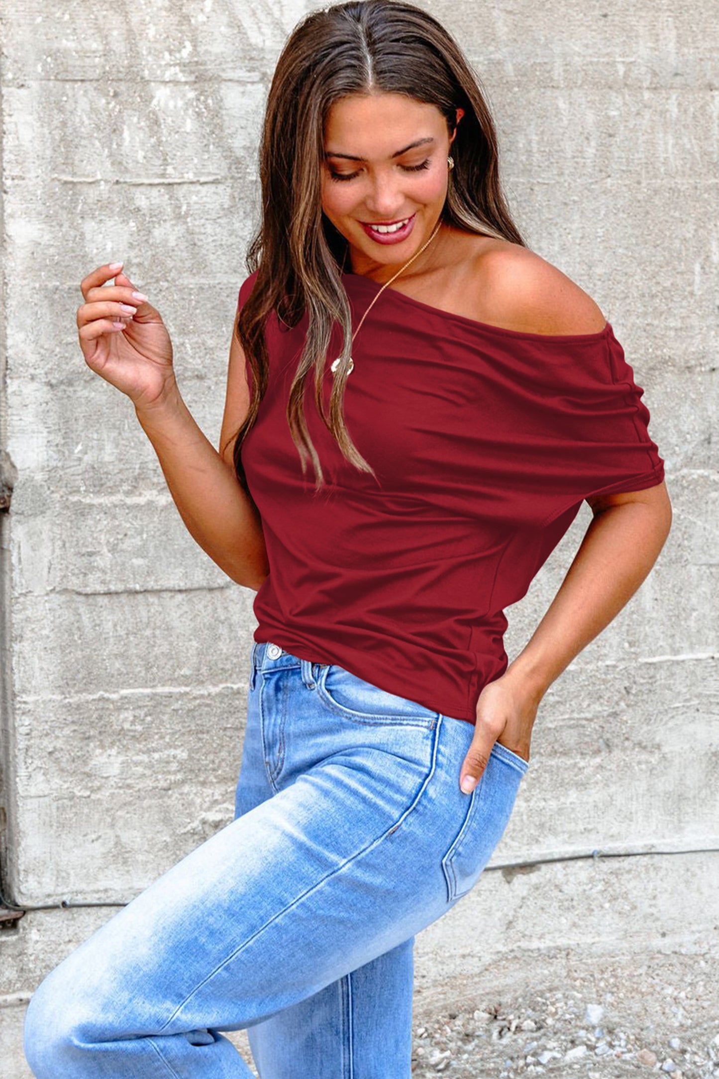 Burgundy Plus Size Solid Color Asymmetric Neck Short Sleeve Blouse-Plus Size/Plus Size Tops/Plus Size Tops & Tees-[Adult]-[Female]-2022 Online Blue Zone Planet