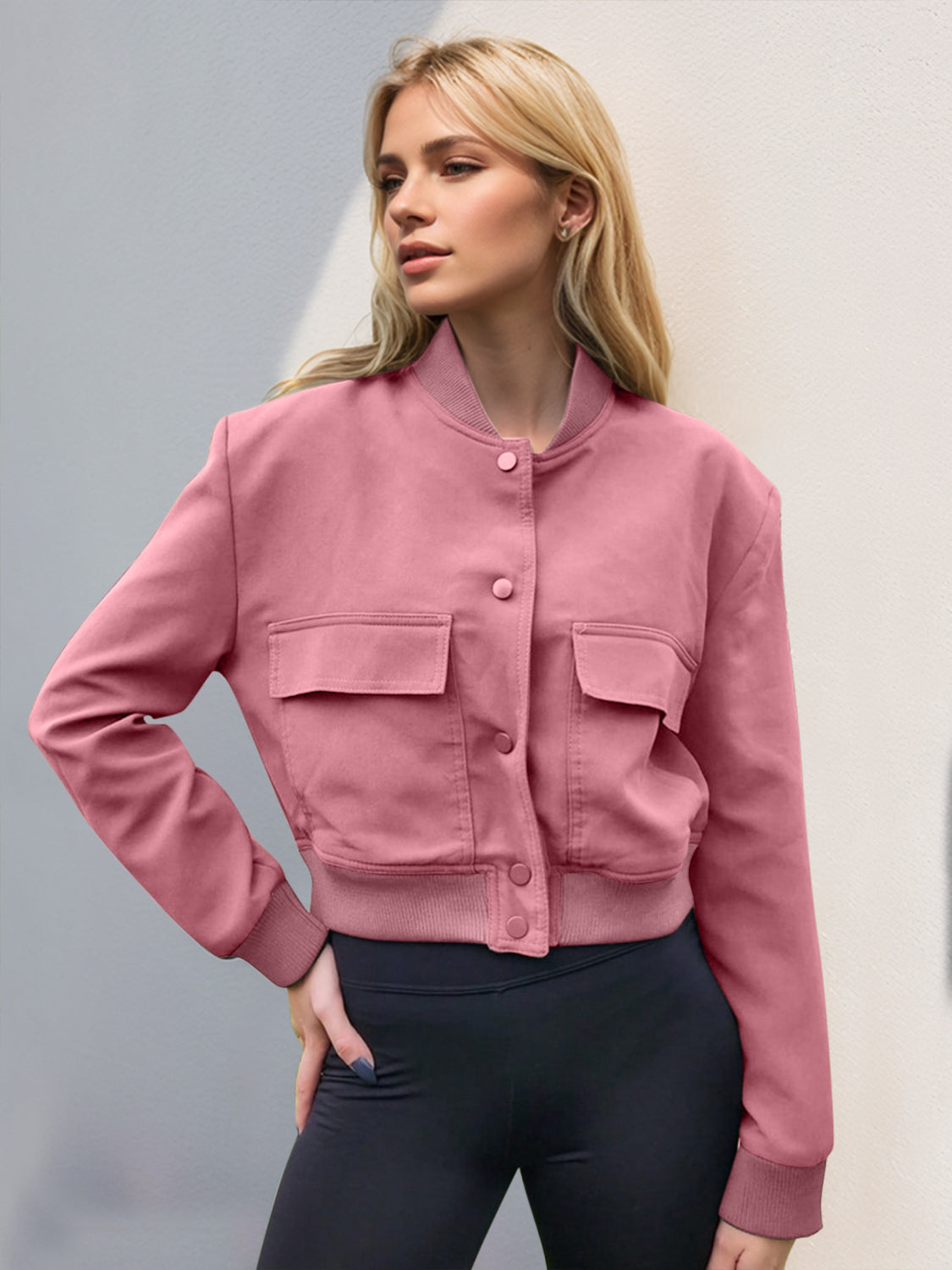 Pocketed Snap Down Baseball Collar Jacket-TOPS / DRESSES-[Adult]-[Female]-Dusty Pink-S-2022 Online Blue Zone Planet