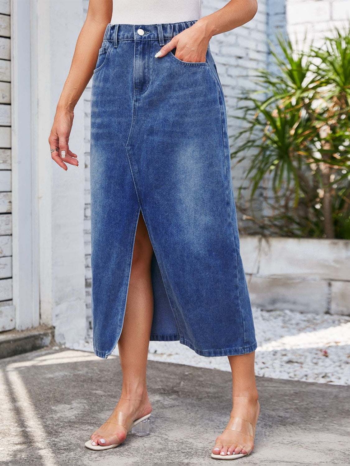 Slit Midi Denim Skirt with Pockets-BOTTOMS SIZES SMALL MEDIUM LARGE-[Adult]-[Female]-2022 Online Blue Zone Planet