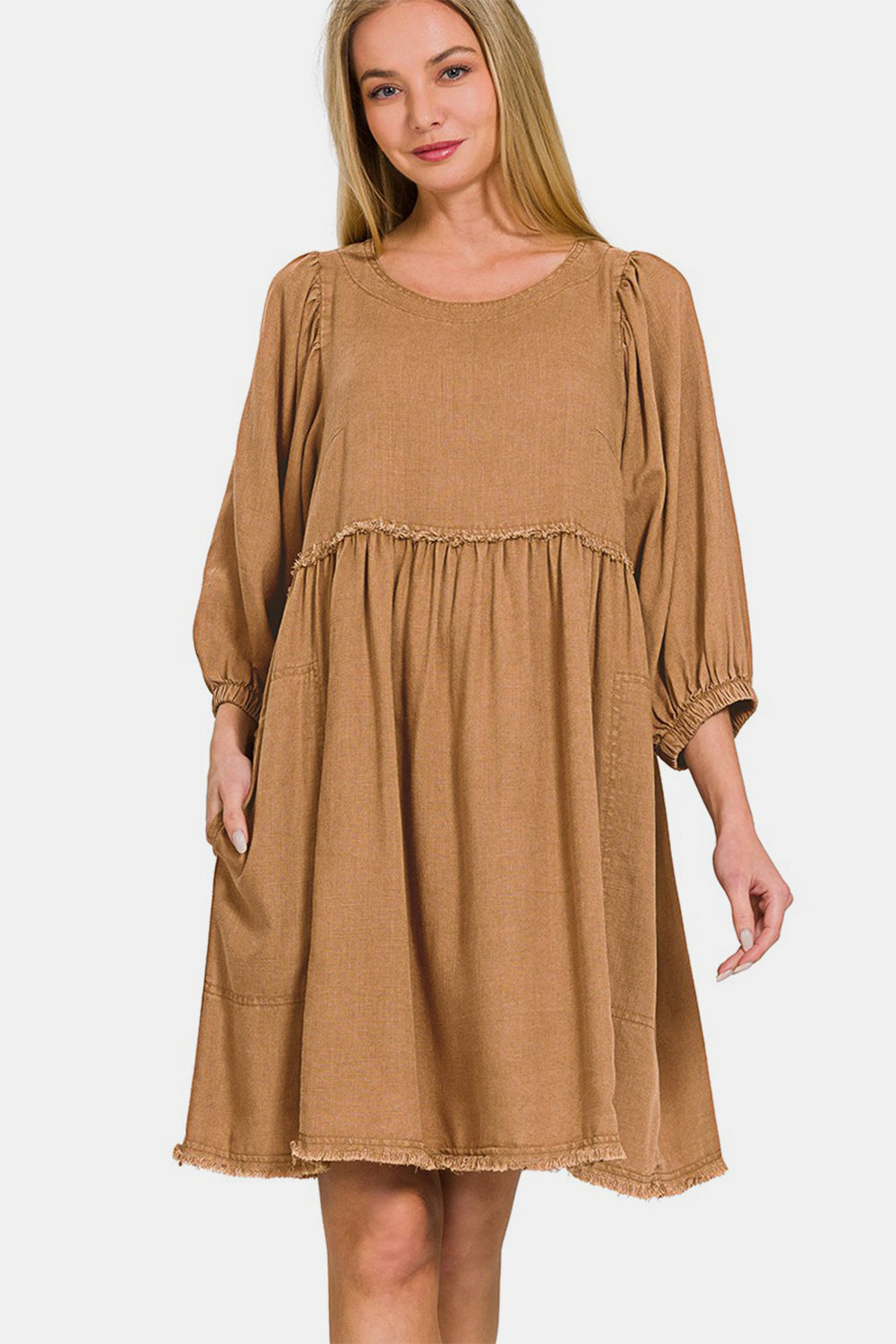 Zenana Washed Linen Pleated Puff Sleeve Babydoll Dress-TOPS / DRESSES-[Adult]-[Female]-Deep Camel-S-2022 Online Blue Zone Planet