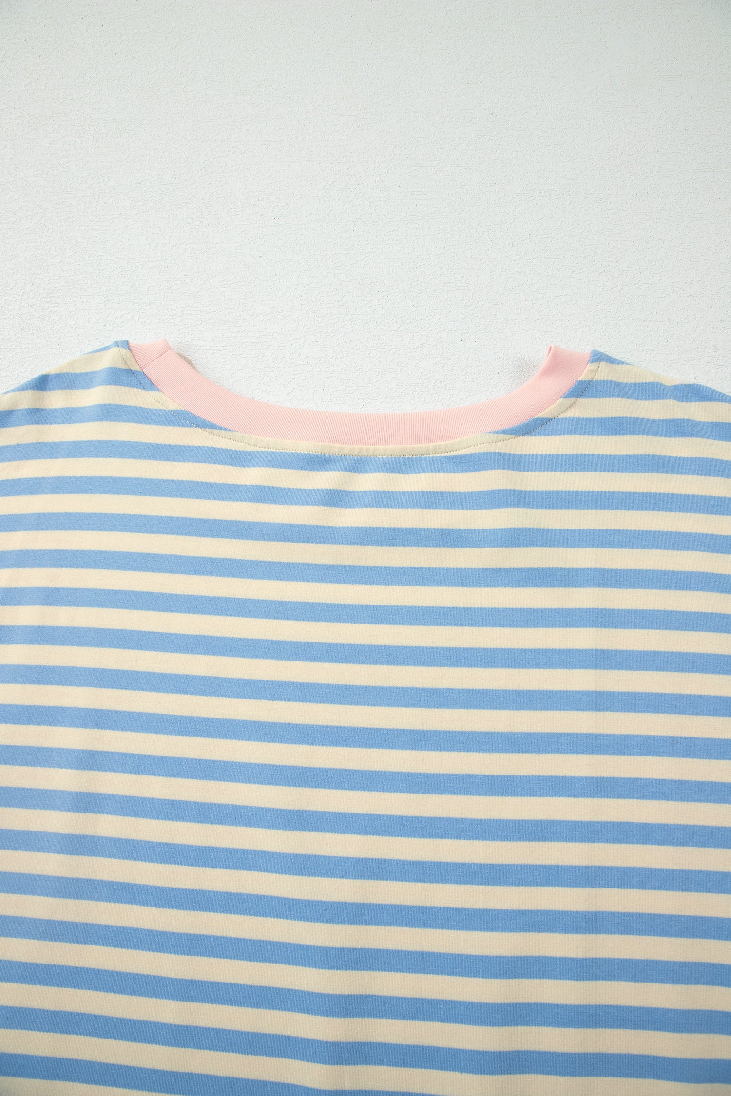 Sky Blue Stripe Plus Size Drop Shoulder Contrast Trim Round Neck Tee-Plus Size/Plus Size Tops/Plus Size Tops & Tees-[Adult]-[Female]-2022 Online Blue Zone Planet