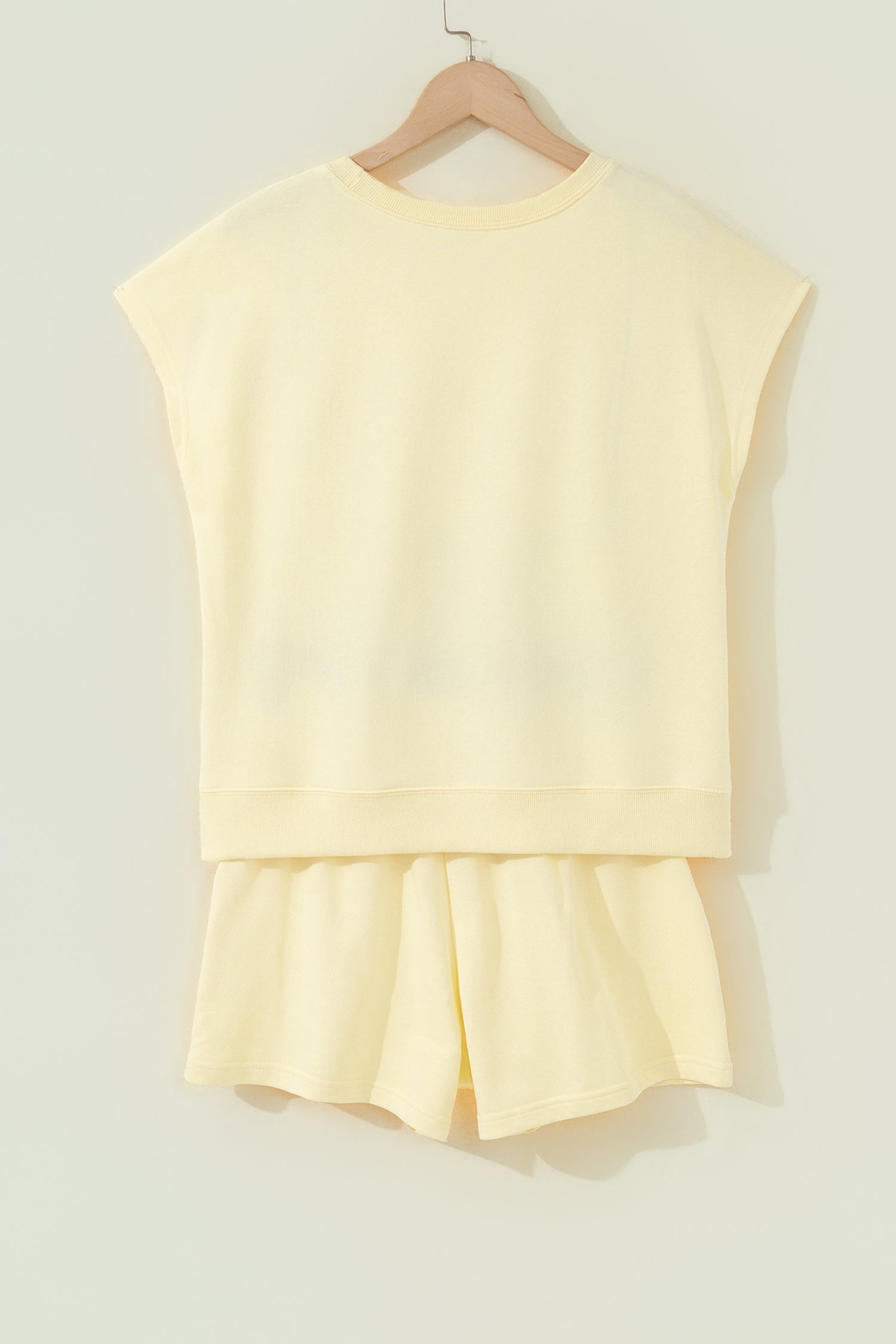 Yellow Cream Solid Color Tee Drawstring Shorts Comfy 2pcs Set-Two Piece Sets/Short Sets-[Adult]-[Female]-2022 Online Blue Zone Planet
