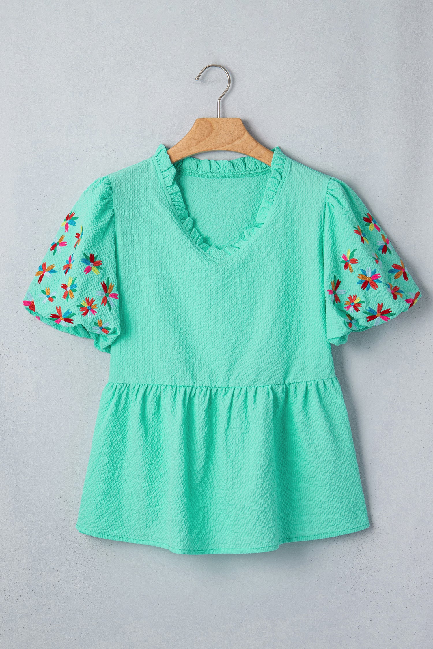 Mint Green Frilled V Neck Flower Embroidered Puff Sleeve Textured Blouse-Tops/Blouses & Shirts-[Adult]-[Female]-2022 Online Blue Zone Planet