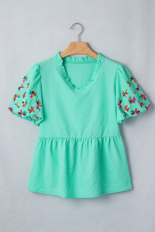 Mint Green Frilled V Neck Flower Embroidered Puff Sleeve Textured Blouse-Tops/Blouses & Shirts-[Adult]-[Female]-2022 Online Blue Zone Planet