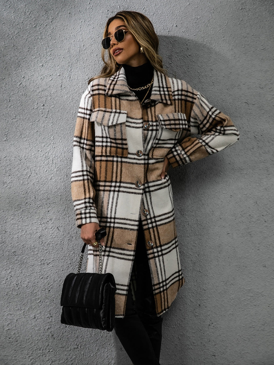 Plaid Collared Neck Long Sleeve Coat-TOPS / DRESSES-[Adult]-[Female]-2022 Online Blue Zone Planet