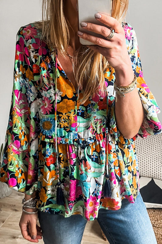 Multicolour Floral Print Bubble Sleeve V Neck Ruffled Blouse-Tops/Blouses & Shirts-[Adult]-[Female]-Multicolour-S-2022 Online Blue Zone Planet