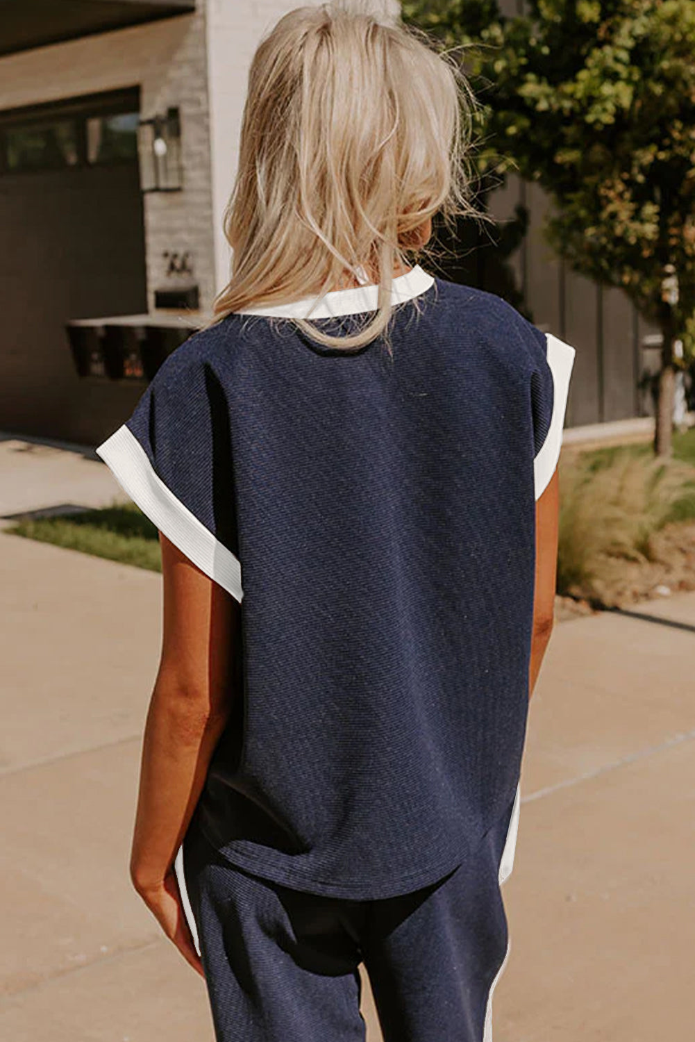 Navy Blue Color Block Pocketed T Shirt And Wide Leg Pants Set-Two Piece Sets/Pant Sets-[Adult]-[Female]-2022 Online Blue Zone Planet