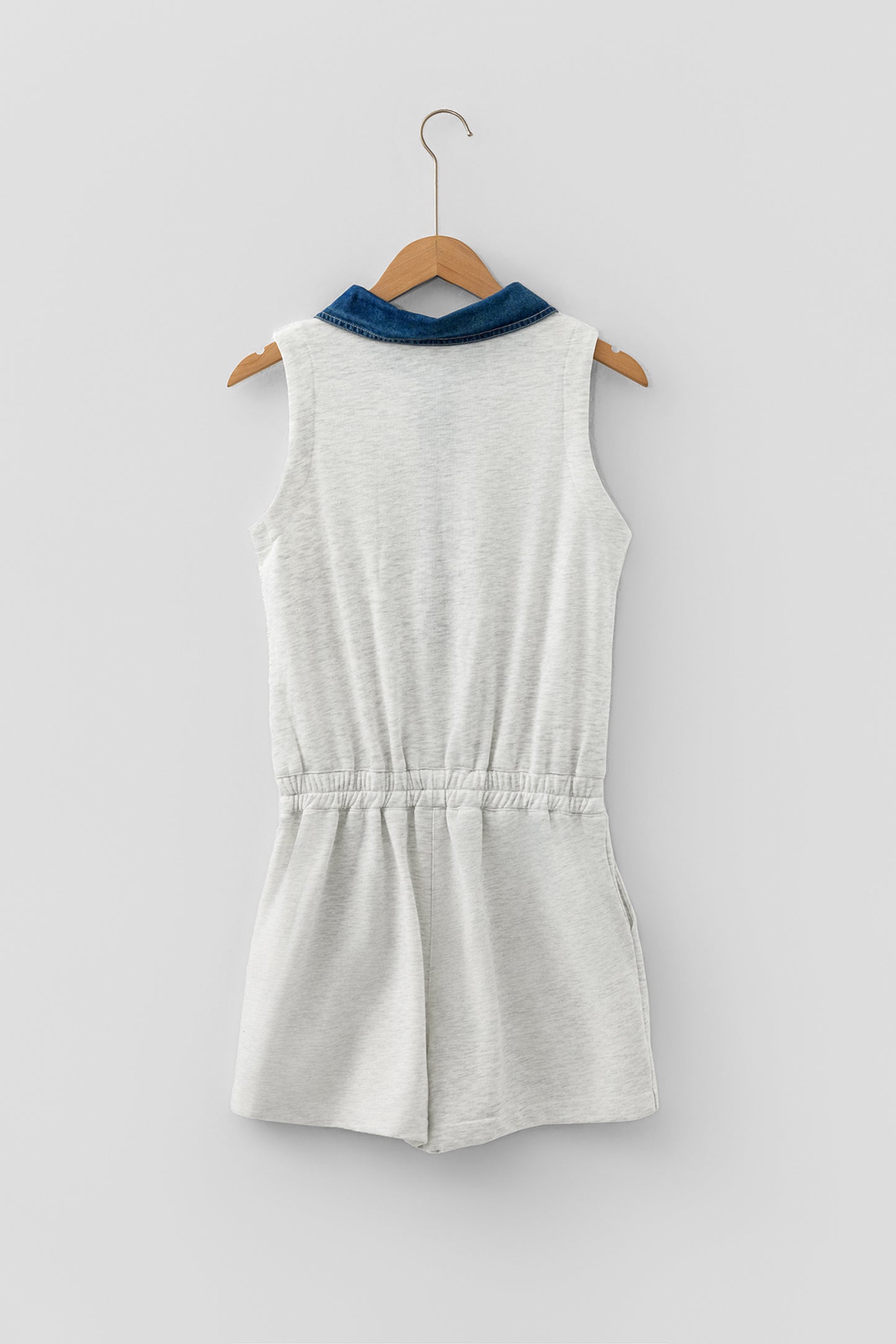 Light Grey Denim Patchwork Polo Collar Elastic Waist Sleeveless Romper-Bottoms/Jumpsuits & Rompers-[Adult]-[Female]-2022 Online Blue Zone Planet
