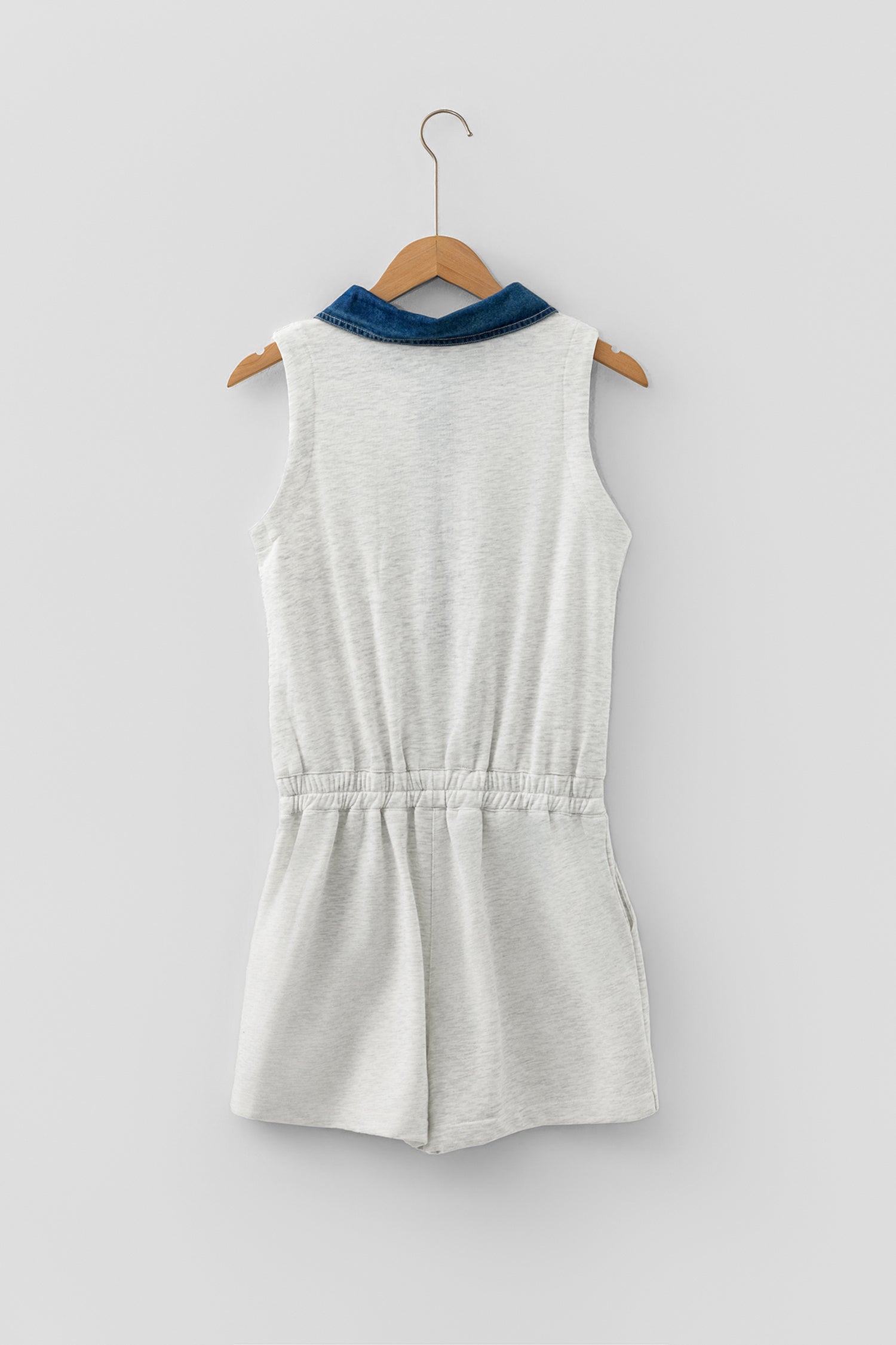 Light Grey Denim Patchwork Polo Collar Elastic Waist Sleeveless Romper-Bottoms/Jumpsuits & Rompers-[Adult]-[Female]-2022 Online Blue Zone Planet