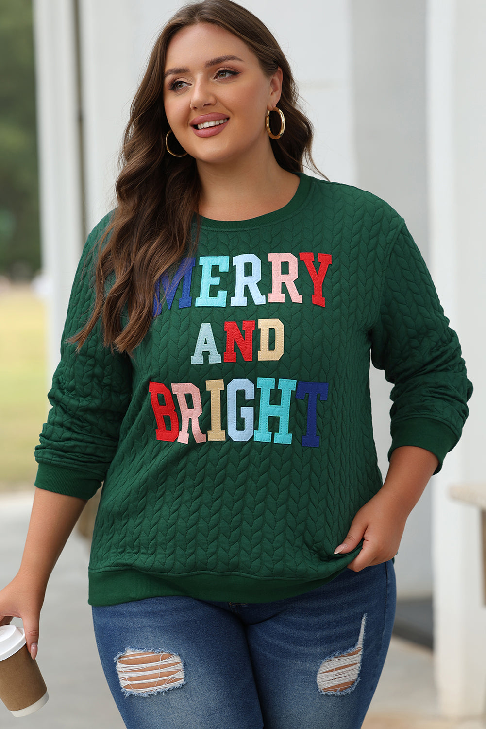 Blackish Green Merry And Bright Cable Knit Pullover Sweatshirt-Tops/Sweatshirts & Hoodies-[Adult]-[Female]-2022 Online Blue Zone Planet