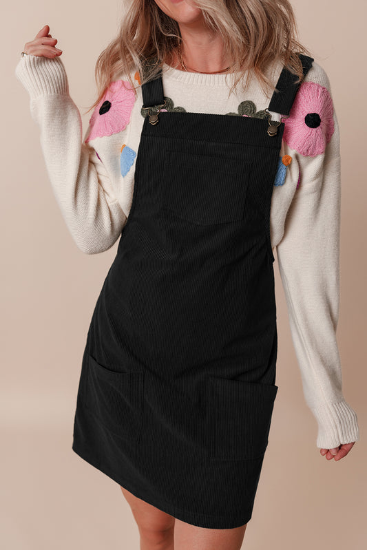 Black Solid Front Pockets Sleeveless Corduroy Overall Dress-Dresses/Mini Dresses-[Adult]-[Female]-Black-S-2022 Online Blue Zone Planet