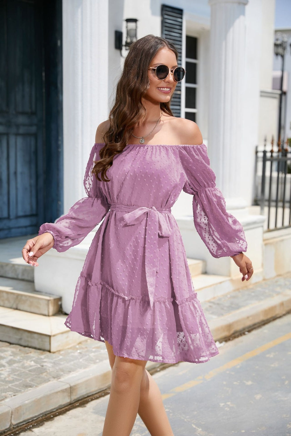 Swiss Dot Off-Shoulder Balloon Sleeve Dress-TOPS / DRESSES-[Adult]-[Female]-Lilac-S-2022 Online Blue Zone Planet