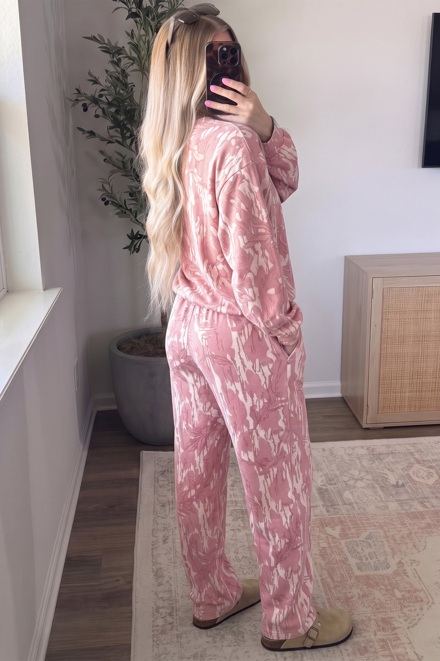 Pink Abstract Floral Print Loose Pullover Drawstring Pants 2pcs Set-Two Piece Sets/Pant Sets-[Adult]-[Female]-2022 Online Blue Zone Planet