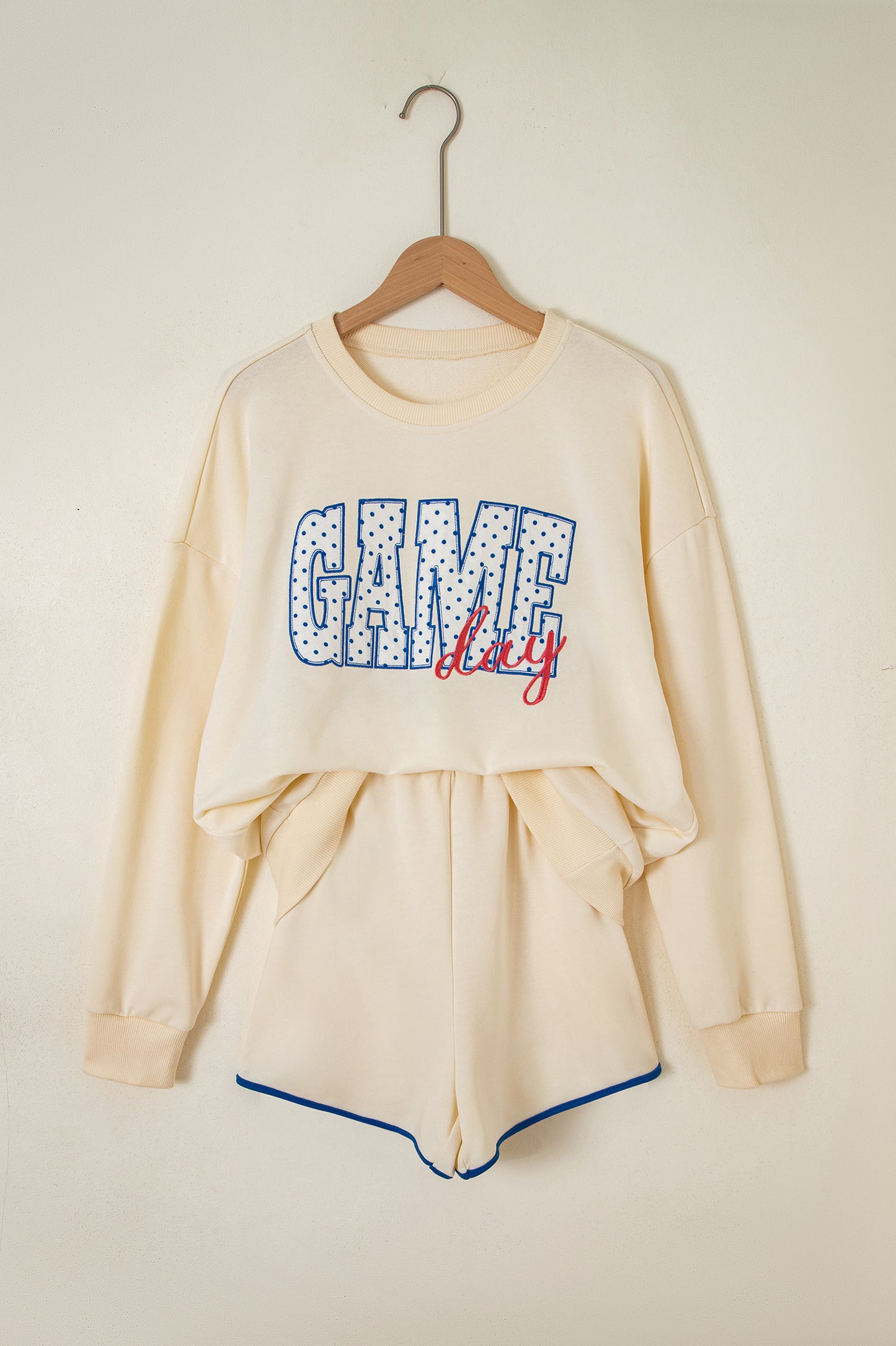 Beige Game Day Crewneck Long Sleeve Pullover Athleisure Short Sets-Two Piece Sets/Short Sets-[Adult]-[Female]-2022 Online Blue Zone Planet