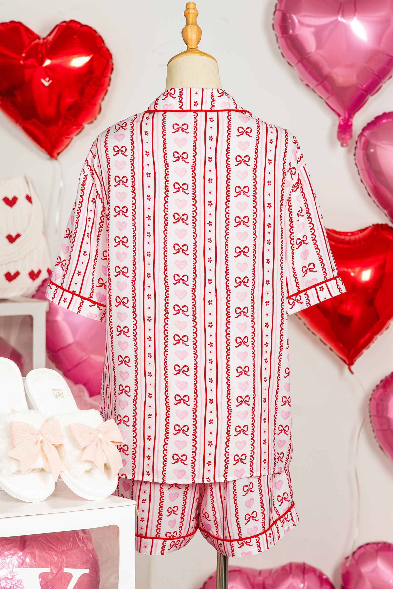 Red Cute Bow Heart Print Ribbon Decor Short 2pcs Pajama Set-Loungewear & Sleepwear/Sleepwear-[Adult]-[Female]-2022 Online Blue Zone Planet