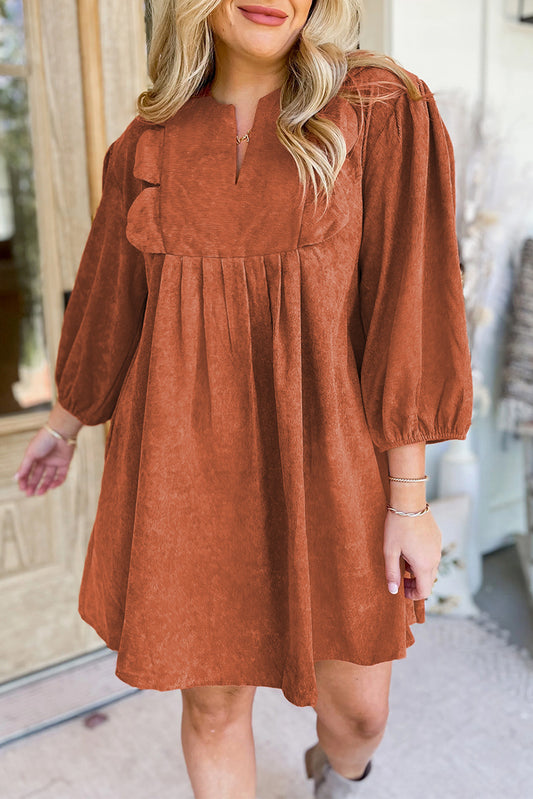 Cinnamon Bracelet Sleeve Split Neck Scallop Detail Pleated Corduroy Mini Dress-Bracelet-[Adult]-[Female]-Cinnamon-S-2022 Online Blue Zone Planet