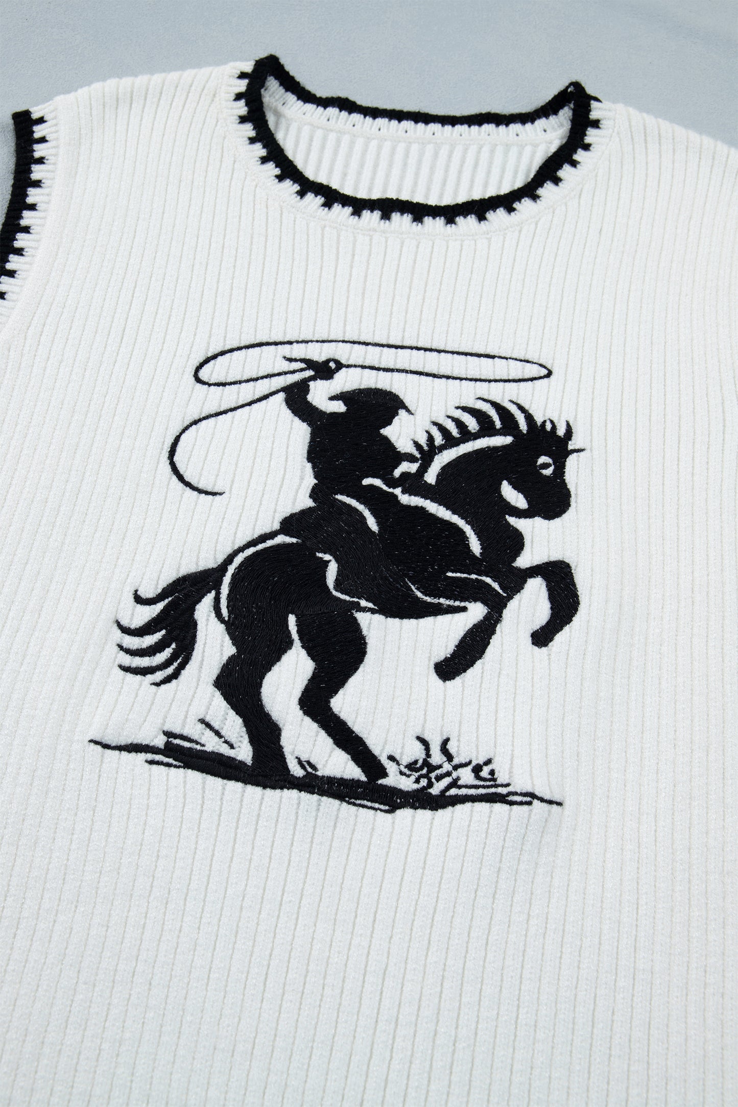 White Contrast Trim Round Neck Rodeo Cowboy Sweater Vest-Sweaters & Cardigans/Sweater Vests-[Adult]-[Female]-2022 Online Blue Zone Planet