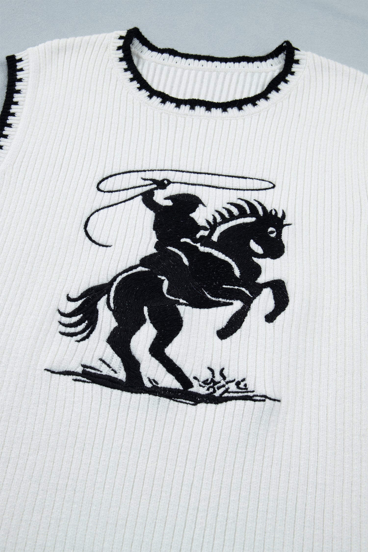 White Contrast Trim Round Neck Rodeo Cowboy Sweater Vest-Sweaters & Cardigans/Sweater Vests-[Adult]-[Female]-2022 Online Blue Zone Planet